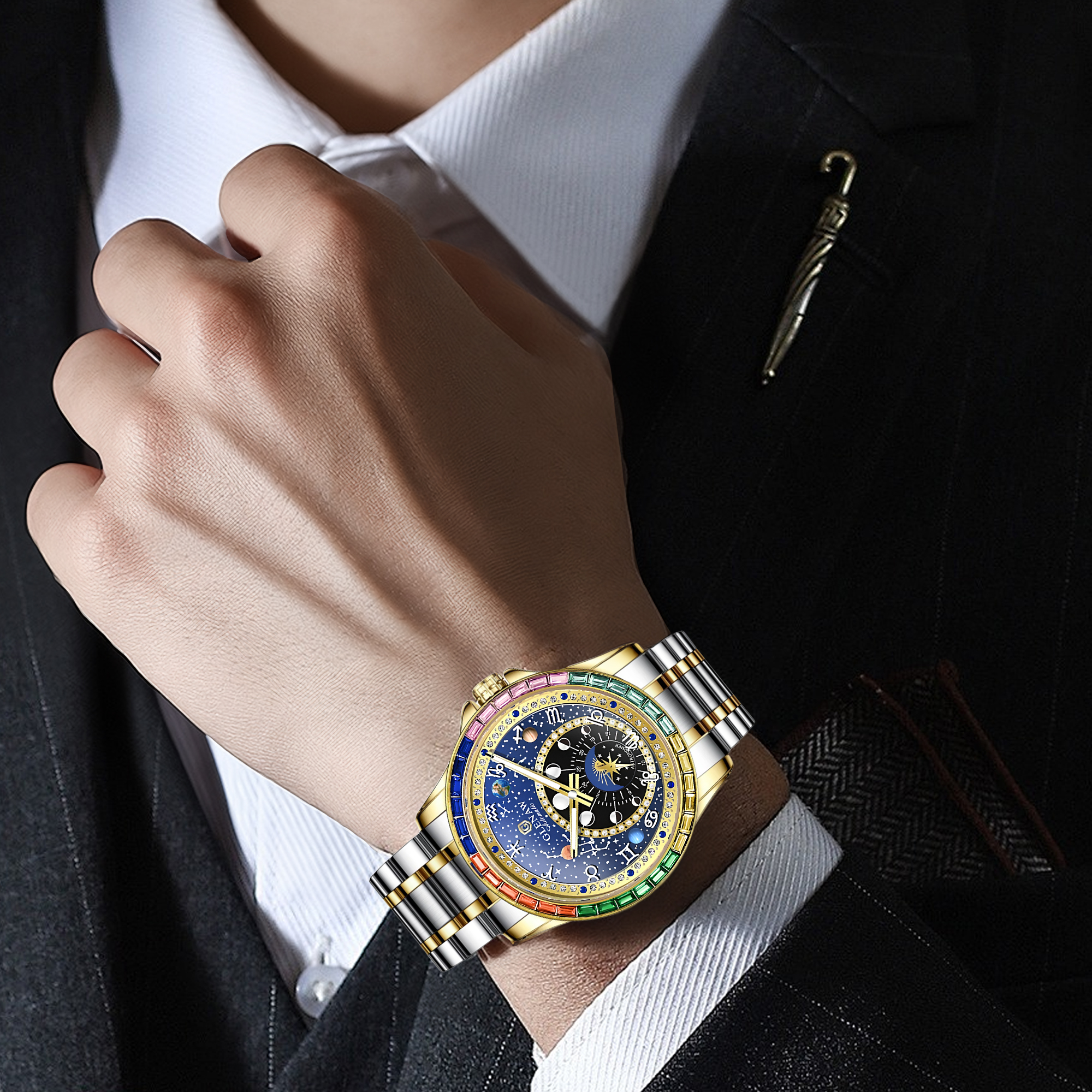 Men’s Automatic Mechanical Watch with Rotating Zodiac Dial, Starry Sky Design, Crystal-Set Bezel