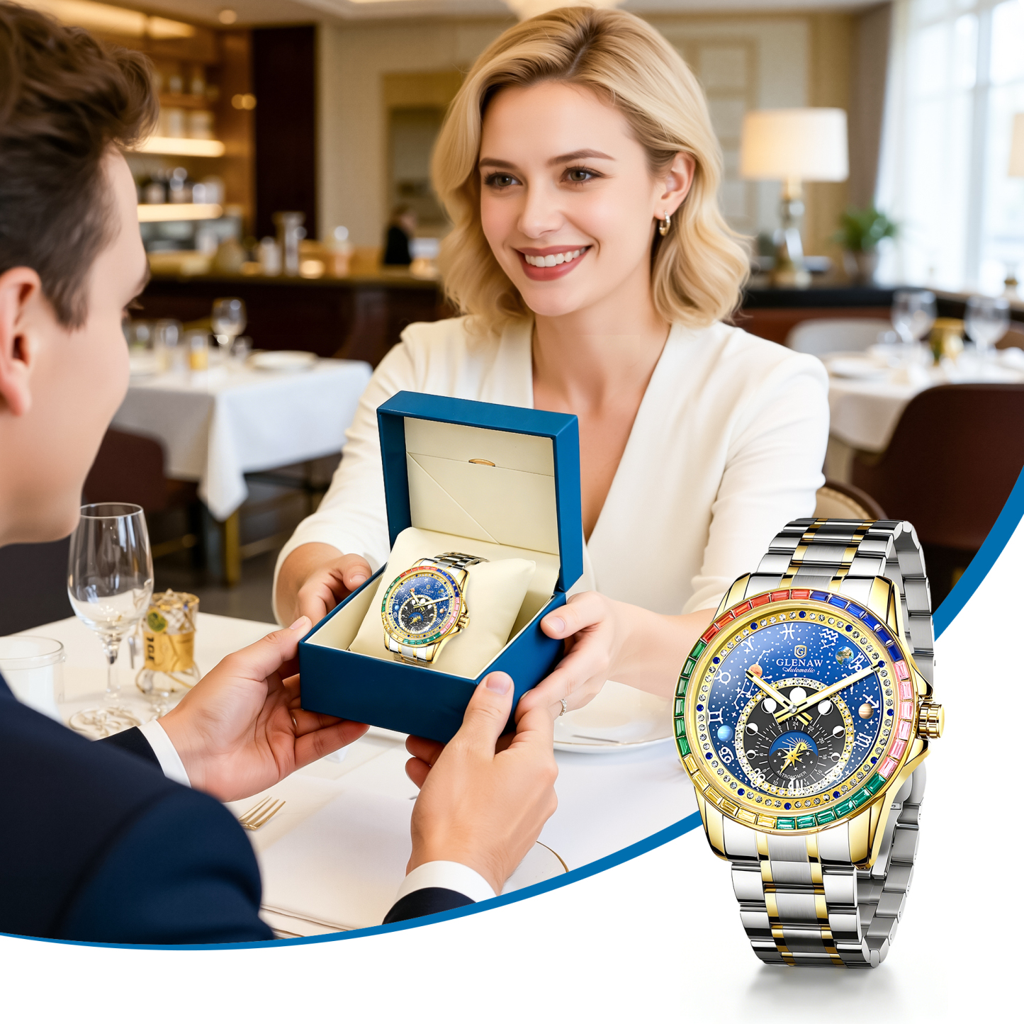 Men’s Automatic Mechanical Watch with Rotating Zodiac Dial, Starry Sky Design, Crystal-Set Bezel