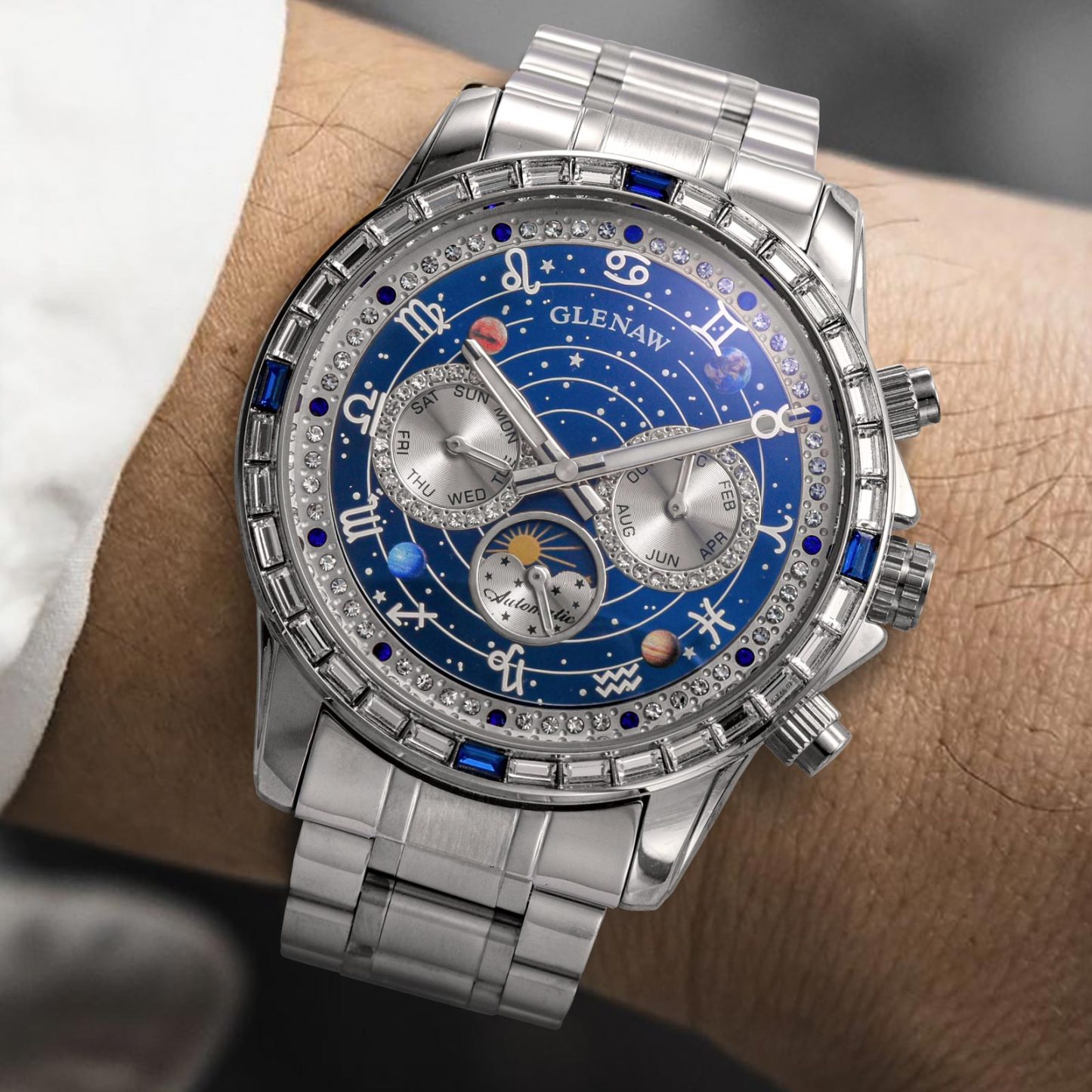 Luxury Automatic Mechanical Watch with 12 Zodiac Dial, Gem-Set Steel Case