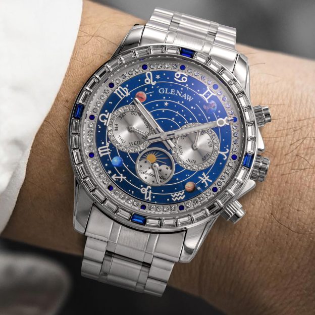 Luxury Automatic Mechanical Watch with 12 Zodiac Dial, Gem-Set Steel Case