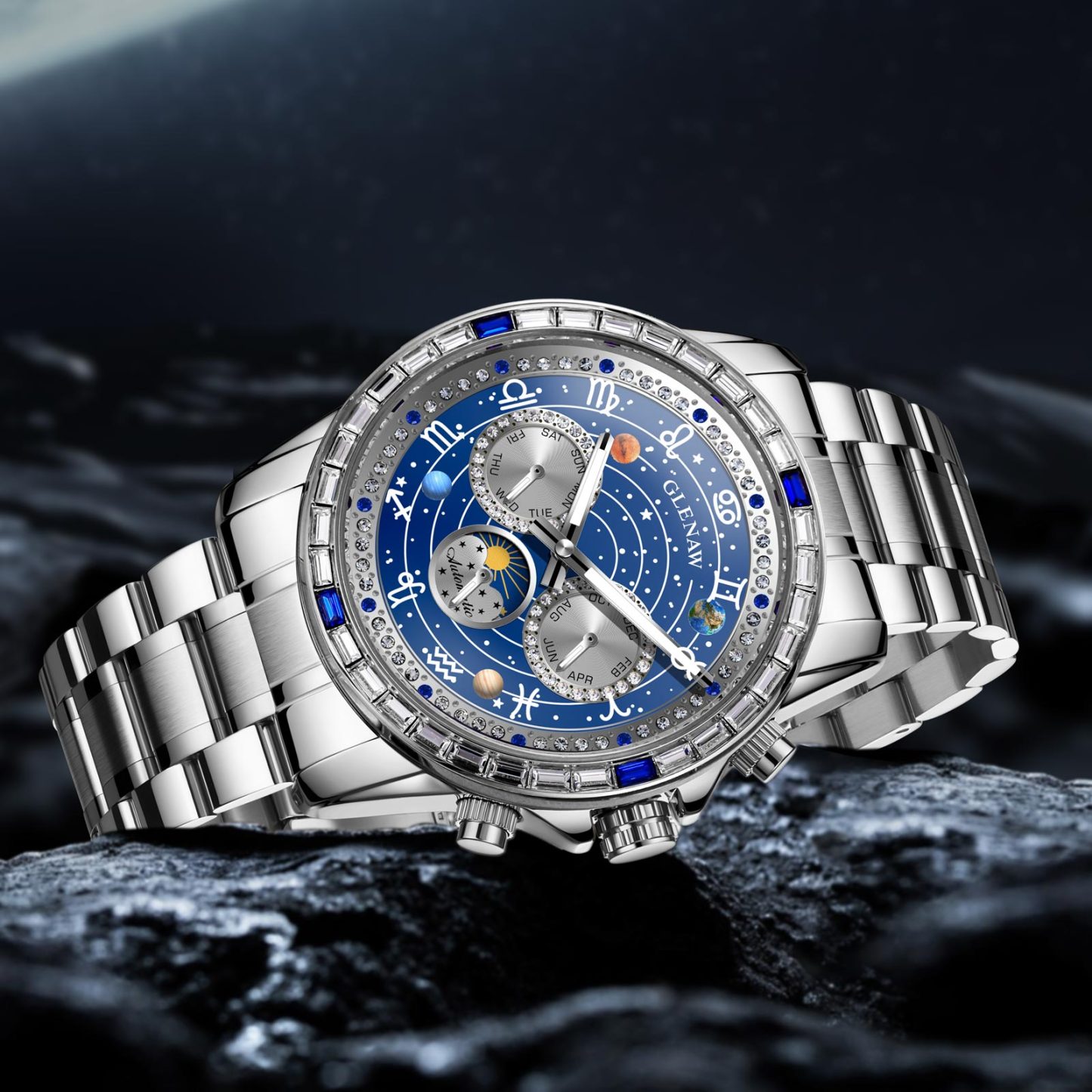 Luxury Automatic Mechanical Watch with 12 Zodiac Dial, Gem-Set Steel Case