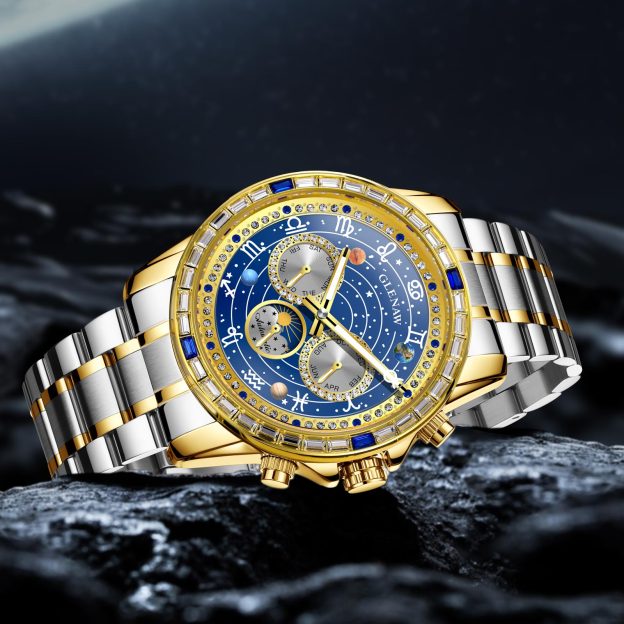 Luxury Automatic Mechanical Watch with 12 Zodiac Dial, Gem-Set Steel Case
