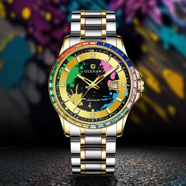 Men’s Mechanical Watch – Rainbow Crystal Bezel, Artistic Ink Dial, Stainless Steel