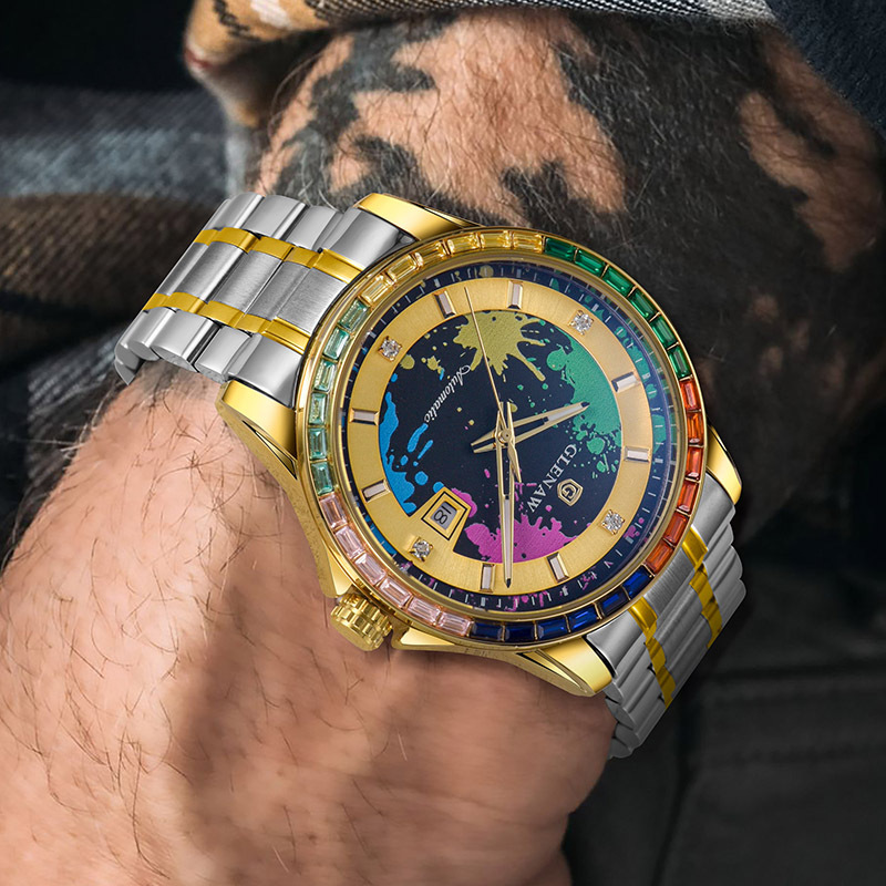 Men’s Mechanical Watch – Rainbow Crystal Bezel, Artistic Ink Dial, Stainless Steel