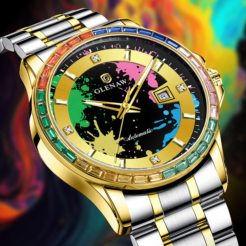 Men’s Mechanical Watch – Rainbow Crystal Bezel, Artistic Ink Dial, Stainless Steel