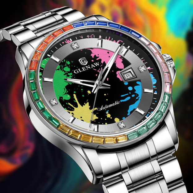 Men’s Mechanical Watch – Rainbow Crystal Bezel, Artistic Ink Dial, Stainless Steel