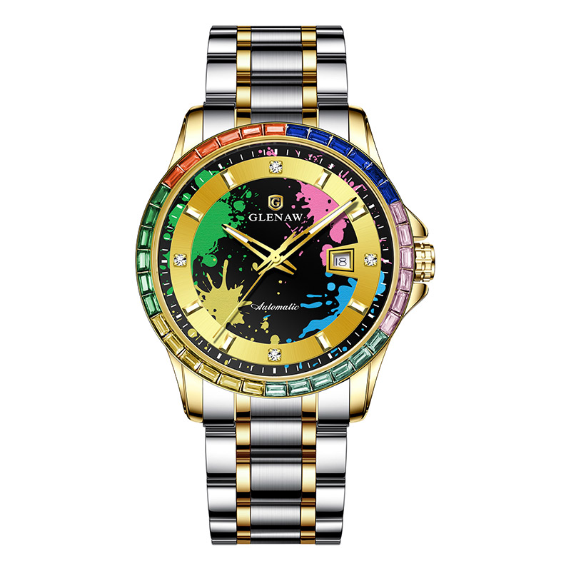 Men’s Mechanical Watch – Rainbow Crystal Bezel, Artistic Ink Dial, Stainless Steel