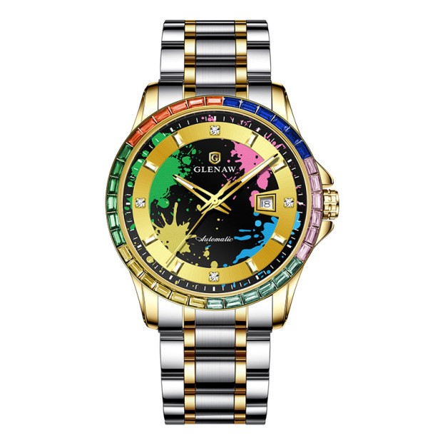 Men’s Mechanical Watch – Rainbow Crystal Bezel, Artistic Ink Dial, Stainless Steel