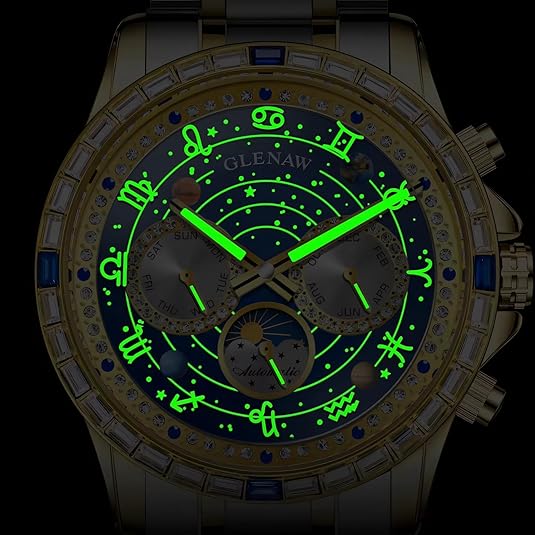 Luxury Automatic Mechanical Watch with 12 Zodiac Dial, Gem-Set Steel Case