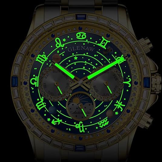 Luxury Automatic Mechanical Watch with 12 Zodiac Dial, Gem-Set Steel Case