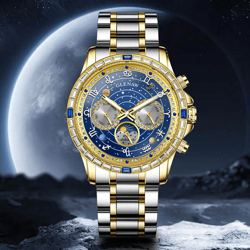 Luxury Automatic Mechanical Watch with 12 Zodiac Dial, Gem-Set Steel Case
