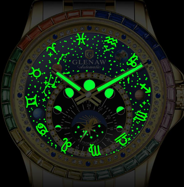 Men’s Starry Zodiac Automatic Mechanical Watch, 12 Constellation Rotating Dial, Colorful Crystal Bezel, Luminous Luxury Wristwatch
