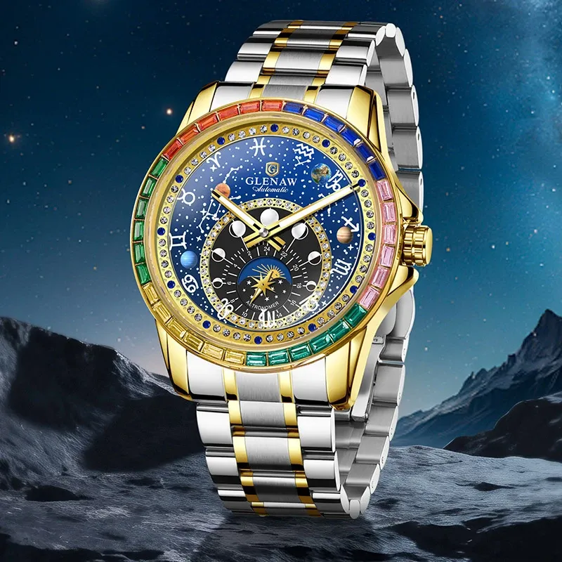 Men’s Automatic Mechanical Watch with Rotating Zodiac Dial, Starry Sky Design, Crystal-Set Bezel