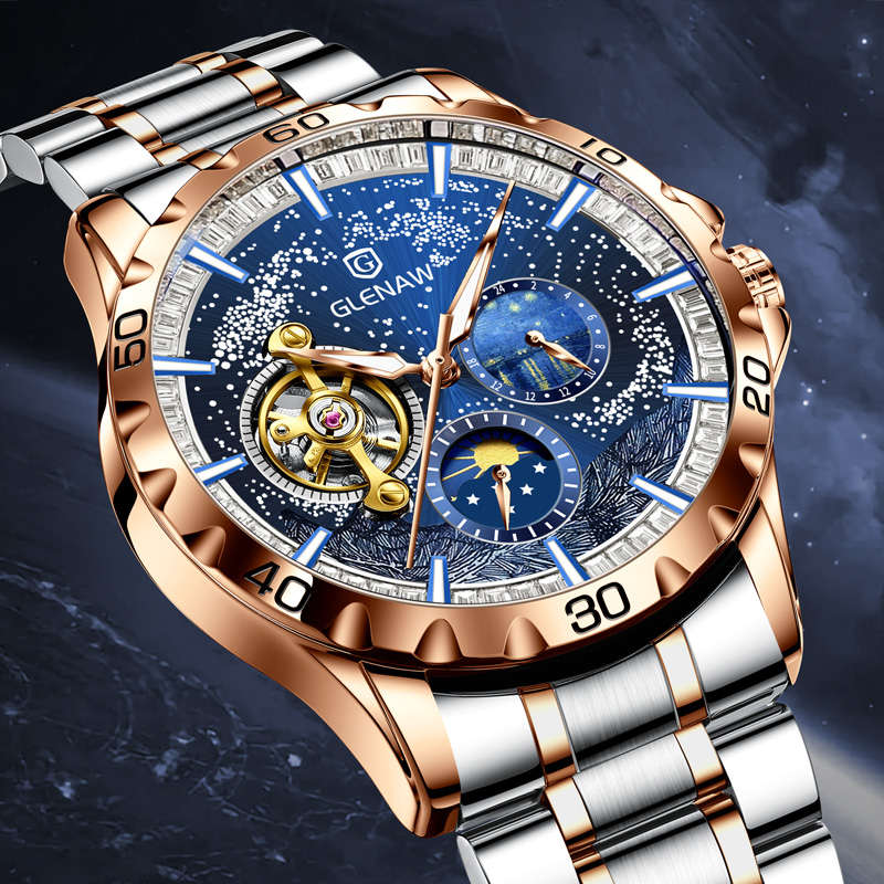 Men's Self-Winding Mechanical Watch – Starry Sky Dial, Skeleton Design, Sun & Moon, Gift