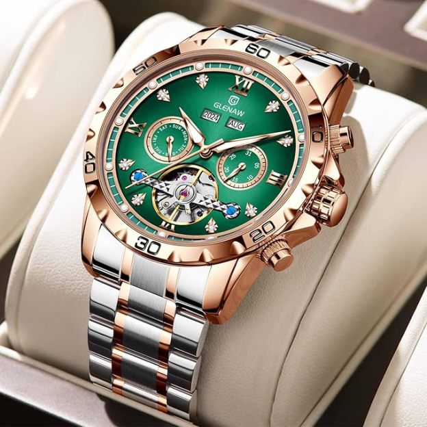 Men’s Automatic Tourbillon Watch, Skeleton Mechanical Wristwatch with Roman Dial