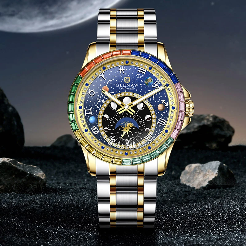 Men’s Starry Zodiac Automatic Mechanical Watch, 12 Constellation Rotating Dial, Colorful Crystal Bezel, Luminous Luxury Wristwatch