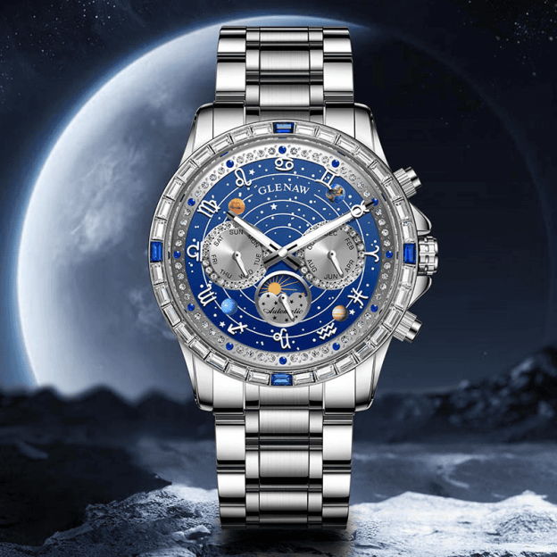 Luxury Automatic Mechanical Watch with 12 Zodiac Dial, Gem-Set Steel Case