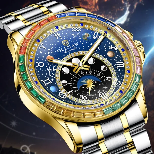 Men’s Starry Zodiac Automatic Mechanical Watch, 12 Constellation Rotating Dial, Colorful Crystal Bezel, Luminous Luxury Wristwatch