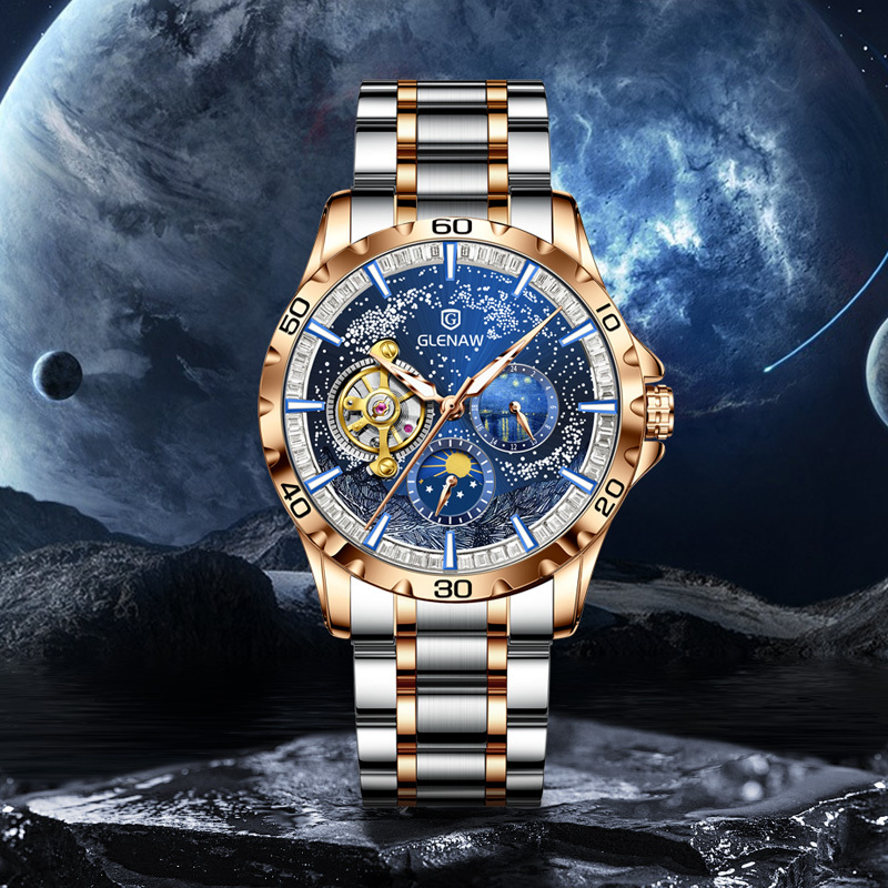 Men's Self-Winding Mechanical Watch – Starry Sky Dial, Skeleton Design, Sun & Moon, Gift