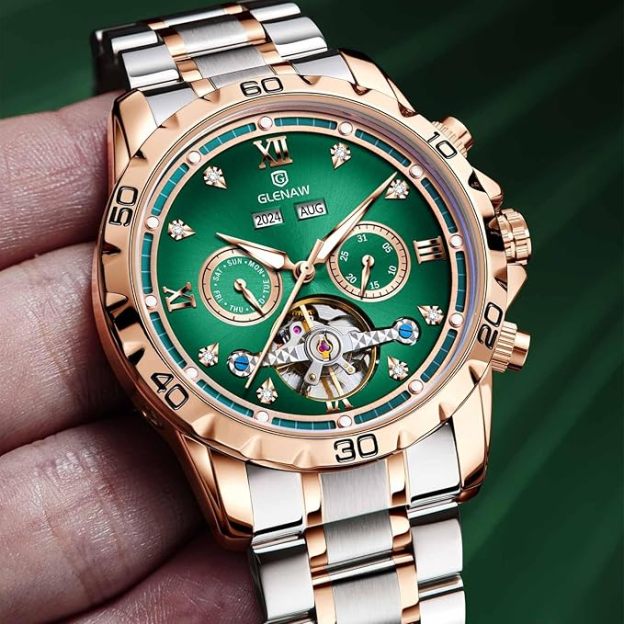 Men’s Automatic Tourbillon Watch, Skeleton Mechanical Wristwatch with Roman Dial