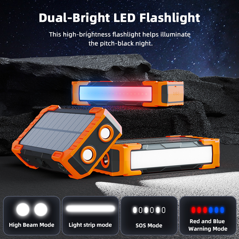 30000mAh Solar Power Bank – Wireless Fast Charger with Built-in Cables, USB-C for iPhone & Samsung, Dual Flashlights & Carabiner, Perfect for Camping & Travel