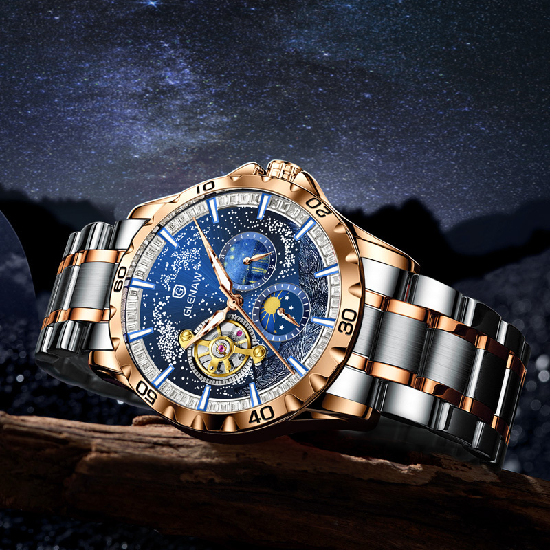 Men's Self-Winding Mechanical Watch – Starry Sky Dial, Skeleton Design, Sun & Moon, Gift