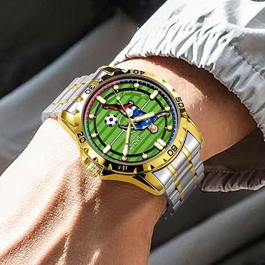 Men’s Automatic Mechanical Watch, Soccer Green Dial Self-Winding Wristwatch, Luminous Hands, 3ATM Water Resistant, Luxury Gift Box with Extra Leather Strap