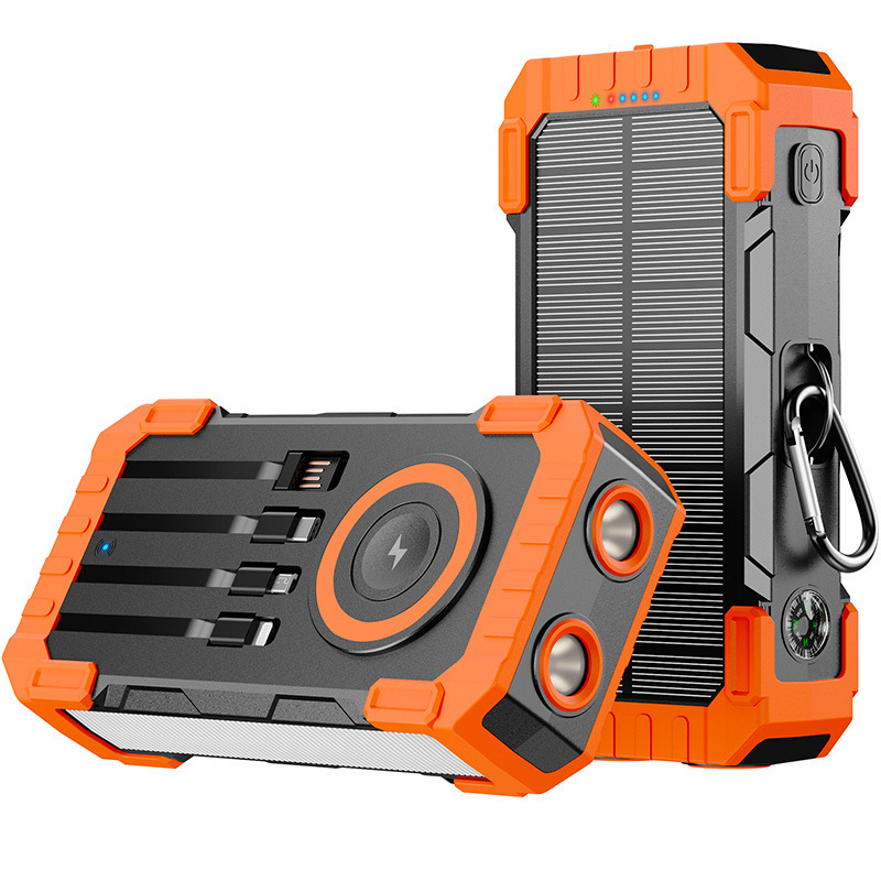 30000mAh Solar Power Bank – Wireless Fast Charger with Built-in Cables, USB-C for iPhone & Samsung, Dual Flashlights & Carabiner, Perfect for Camping & Travel