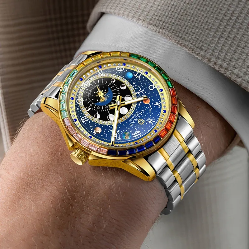 Men’s Starry Zodiac Automatic Mechanical Watch, 12 Constellation Rotating Dial, Colorful Crystal Bezel, Luminous Luxury Wristwatch