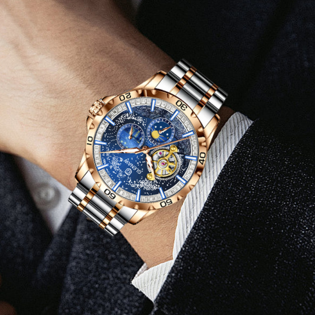 Men's Self-Winding Mechanical Watch – Starry Sky Dial, Skeleton Design, Sun & Moon, Gift