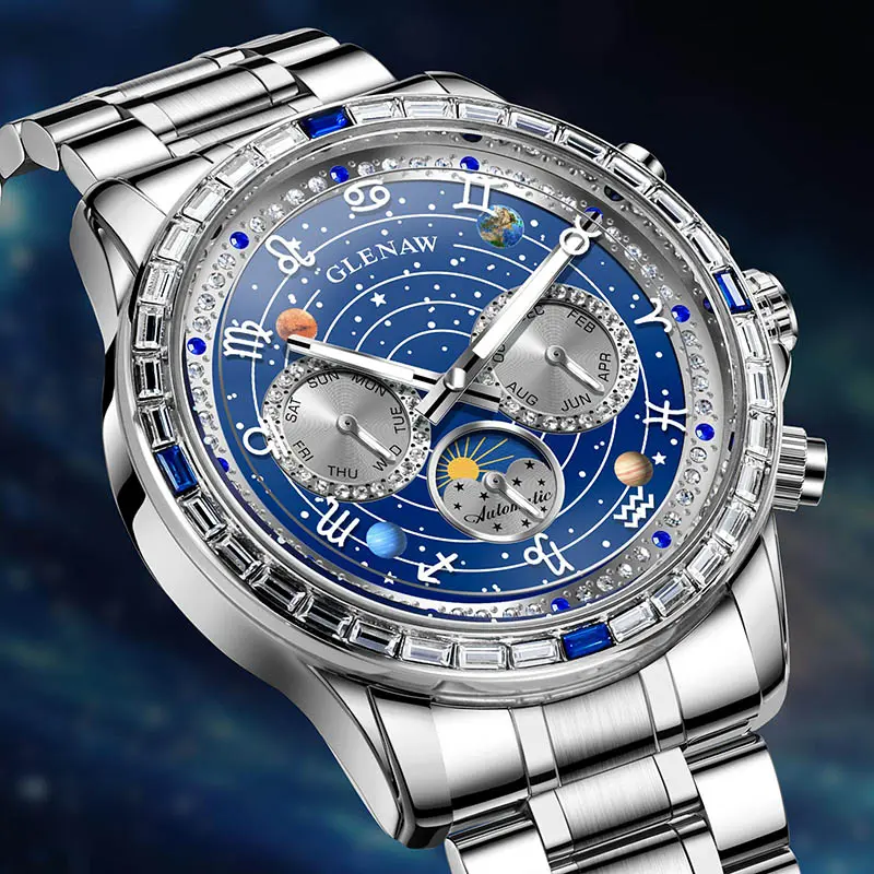 Luxury Automatic Mechanical Watch with 12 Zodiac Dial, Gem-Set Steel Case