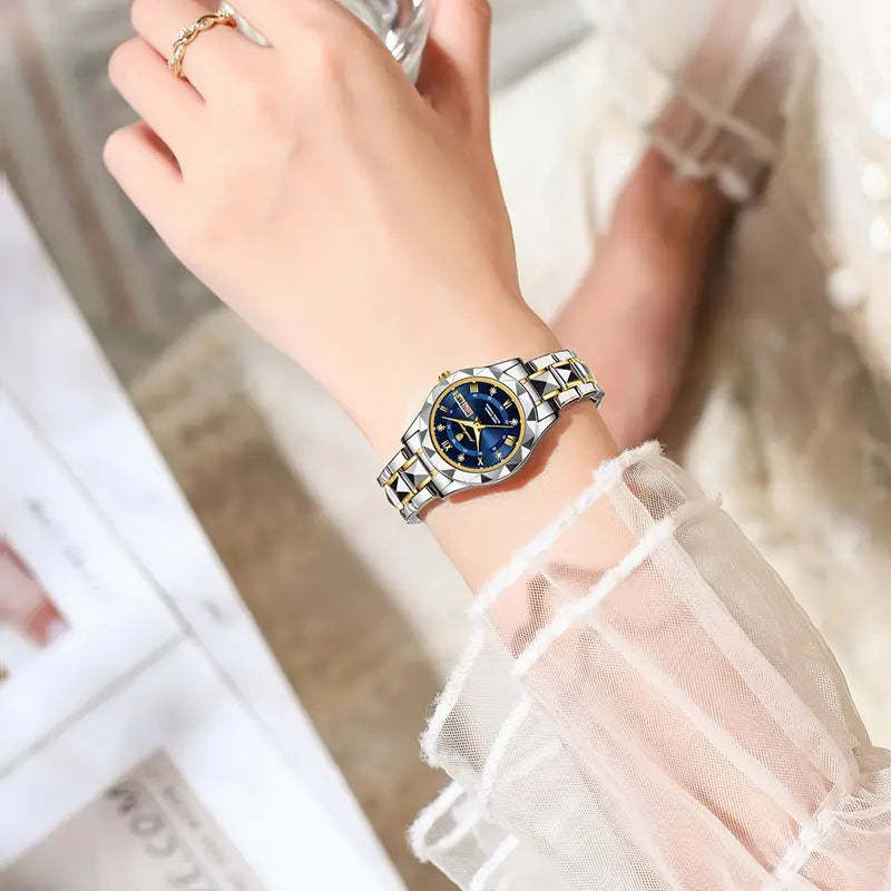 Womens Watch Fashion Diamond Elegant Dress Date Ladies Small Wrist Watches for Women Two Tone Stainless Steel Waterproof Luminous
