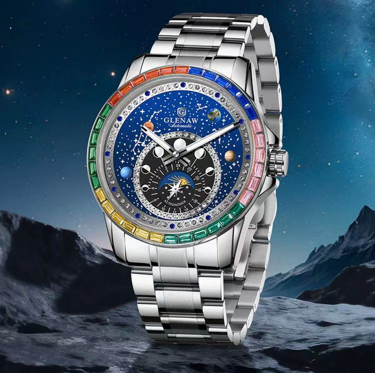 Men’s Starry Zodiac Automatic Mechanical Watch, 12 Constellation Rotating Dial, Colorful Crystal Bezel, Luminous Luxury Wristwatch
