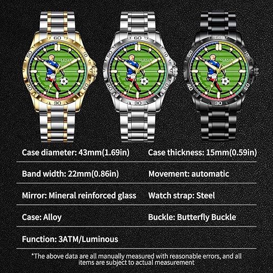 Men’s Automatic Mechanical Watch, Soccer Green Dial Self-Winding Wristwatch, Luminous Hands, 3ATM Water Resistant, Luxury Gift Box with Extra Leather Strap
