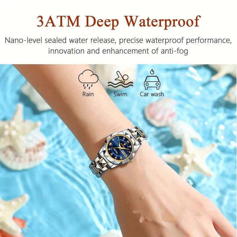 Womens Watch Fashion Diamond Elegant Dress Date Ladies Small Wrist Watches for Women Two Tone Stainless Steel Waterproof Luminous