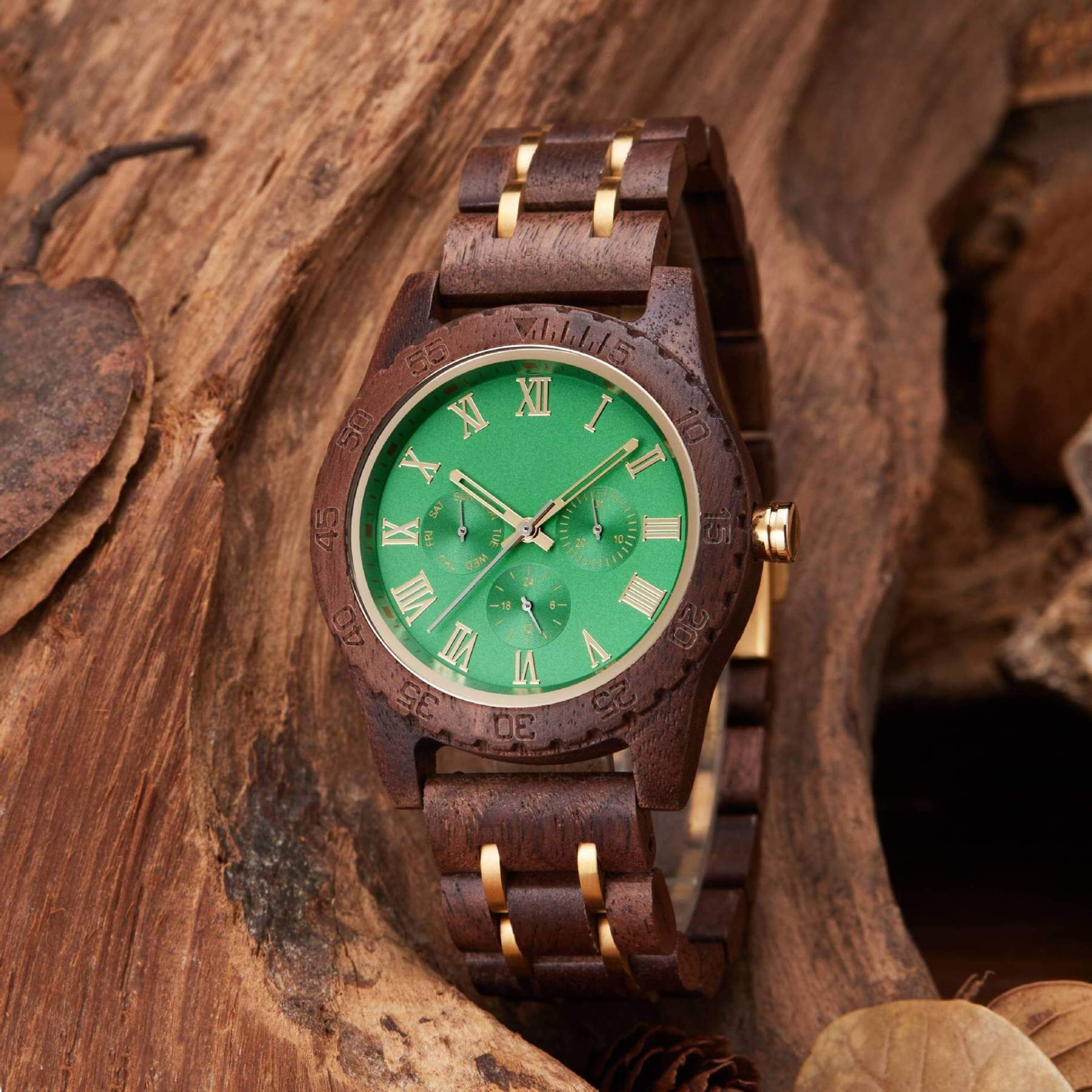 Men’s Walnut Wooden Watch with Green Dial – Japanese Quartz, Personalized Sandalwood Strap-BUNNYKACHU