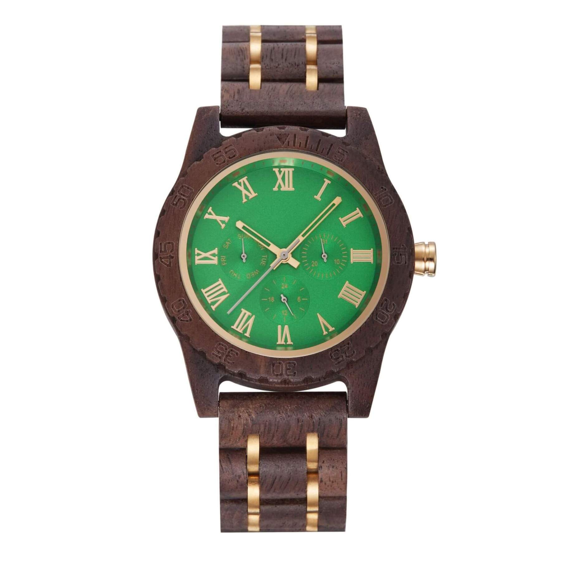 Men’s Walnut Wooden Watch with Green Dial – Japanese Quartz, Personalized Sandalwood Strap-BUNNYKACHU