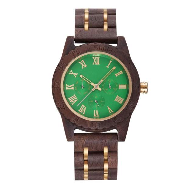 Men’s Walnut Wooden Watch with Green Dial – Japanese Quartz, Personalized Sandalwood Strap-BUNNYKACHU