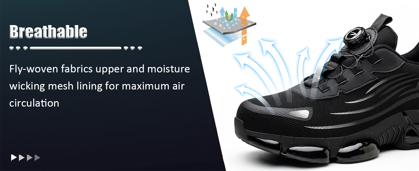 Black athletic shoe with breathable upper fabric. Diagram shows air circulation through fly-woven material and moisture-wicking mesh lining.