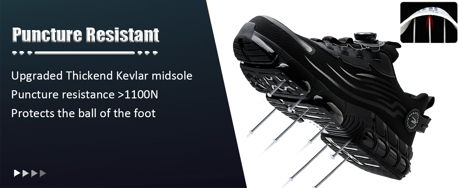 Black athletic shoe with text highlighting puncture-resistant features. Claims upgraded Kevlar midsole with 1100N puncture resistance, protecting foot.