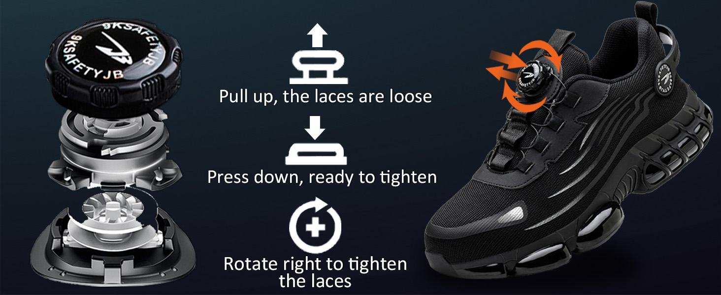 Black sneaker with innovative lacing system. Exploded view shows internal mechanism. Instructions for tightening laces by rotating dial.