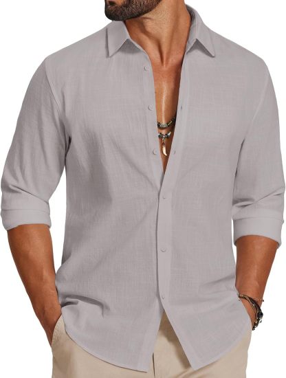 Men's Casual Button Down Shirts Long Sleeve Cotton Beach Wedding Shirt Summer Linen Shirt for Men