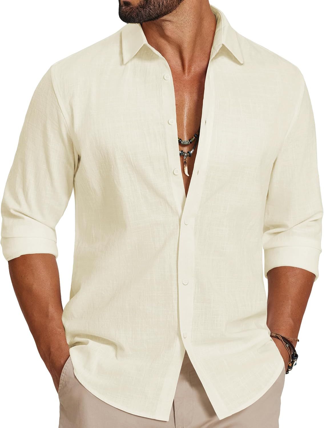 Men's Casual Button Down Shirts Long Sleeve Cotton Beach Wedding Shirt Summer Linen Shirt for Men