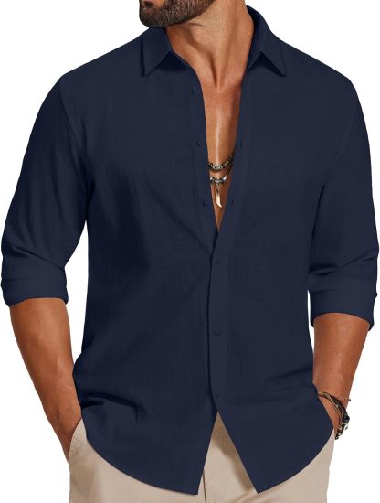 Men's Casual Button Down Shirts Long Sleeve Cotton Beach Wedding Shirt Summer Linen Shirt for Men