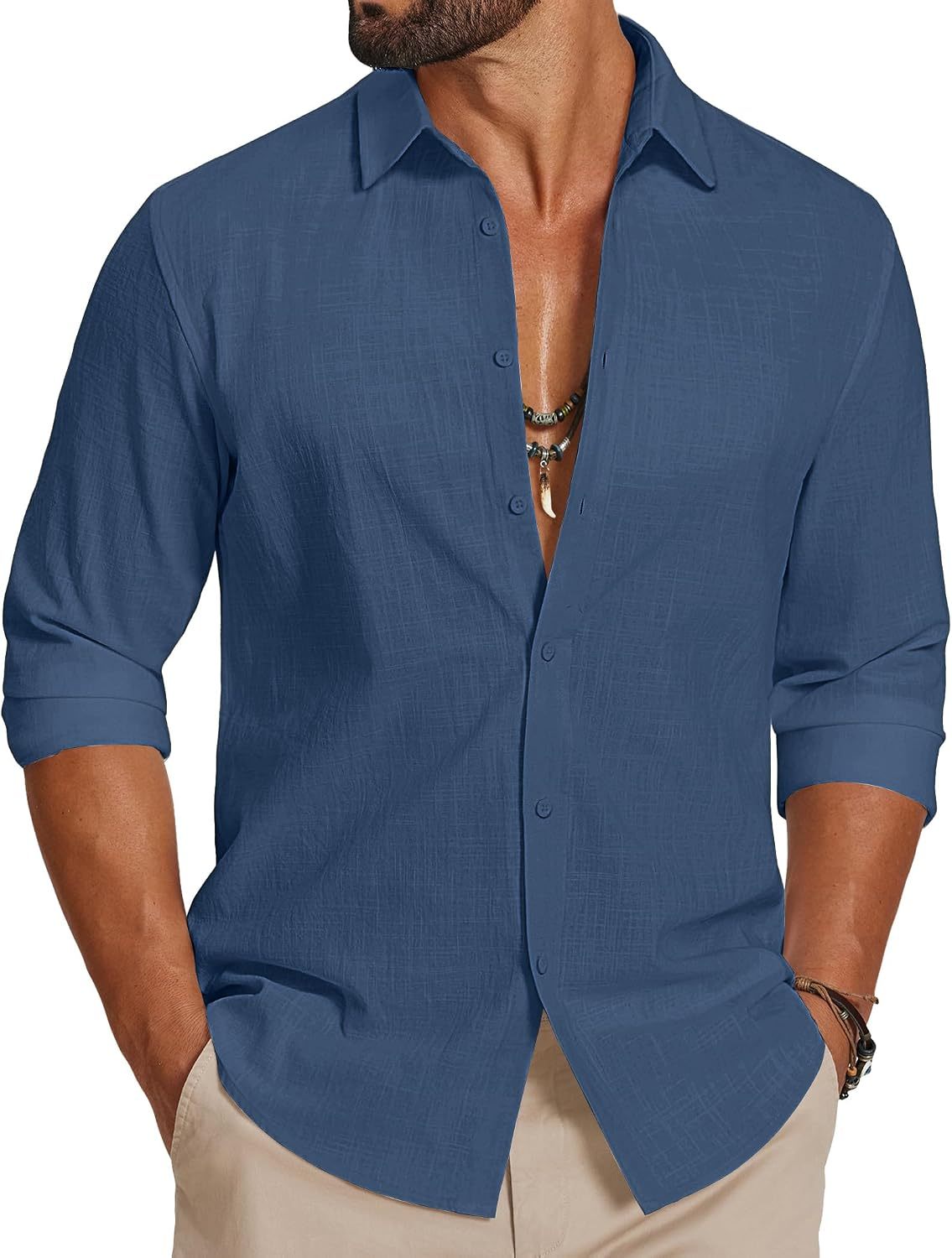 Men's Casual Button Down Shirts Long Sleeve Cotton Beach Wedding Shirt Summer Linen Shirt for Men