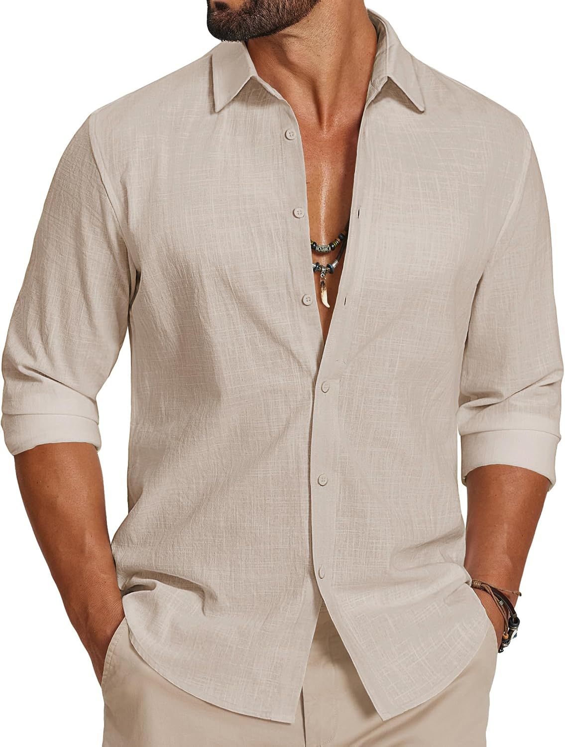 Men's Casual Button Down Shirts Long Sleeve Cotton Beach Wedding Shirt Summer Linen Shirt for Men