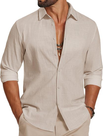 Men's Casual Button Down Shirts Long Sleeve Cotton Beach Wedding Shirt Summer Linen Shirt for Men