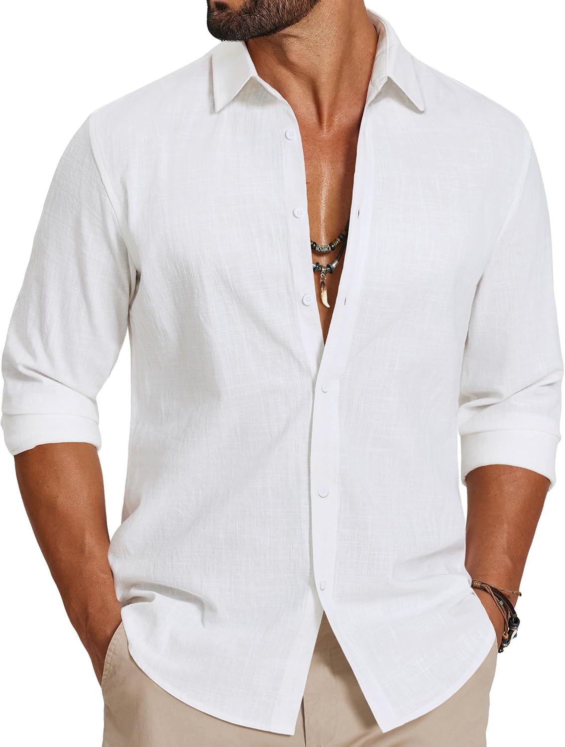 Men's Casual Button Down Shirts Long Sleeve Cotton Beach Wedding Shirt Summer Linen Shirt for Men