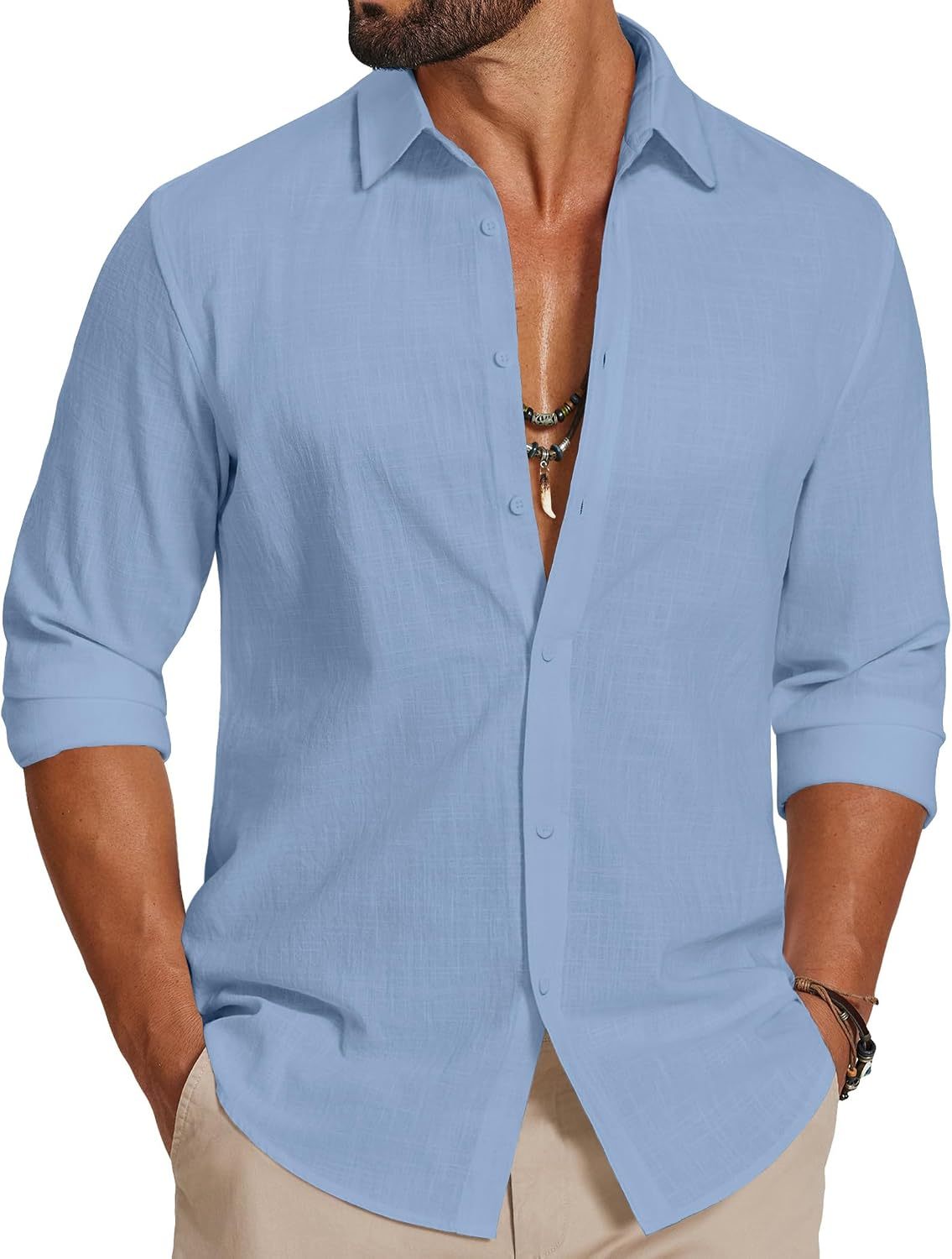 Men's Casual Button Down Shirts Long Sleeve Cotton Beach Wedding Shirt Summer Linen Shirt for Men