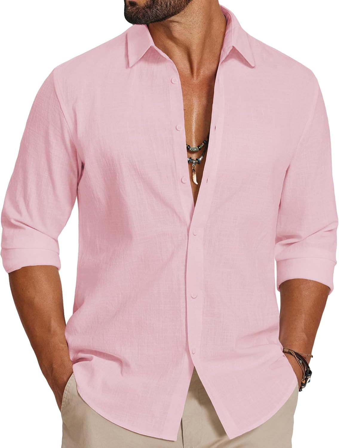 Men's Casual Button Down Shirts Long Sleeve Cotton Beach Wedding Shirt Summer Linen Shirt for Men
